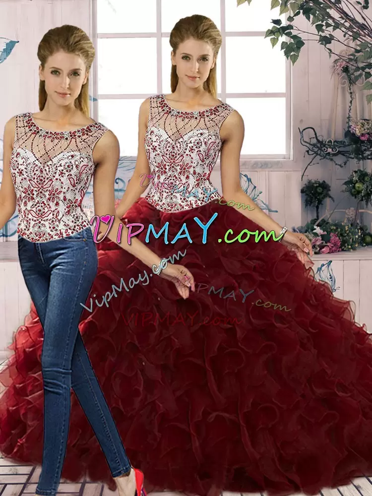 New Arrival Organza Scoop Sleeveless Lace Up Beading and Ruffles Sweet 16 Dress in Burgundy