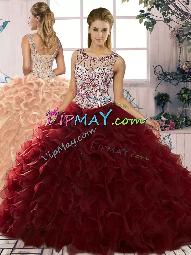 New Arrival Organza Scoop Sleeveless Lace Up Beading and Ruffles Sweet 16 Dress in Burgundy