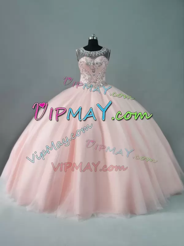 Custom Designed Plus Size Ball Gowns Vestidos de Quinceanera Peach Scoop See Through Neck Sleeveless Zipper Back