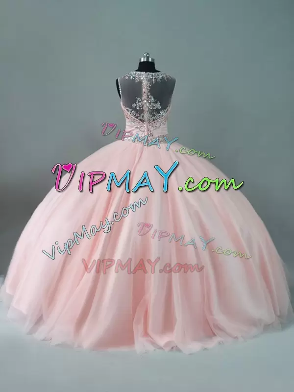 Custom Designed Plus Size Ball Gowns Vestidos de Quinceanera Peach Scoop See Through Neck Sleeveless Zipper Back