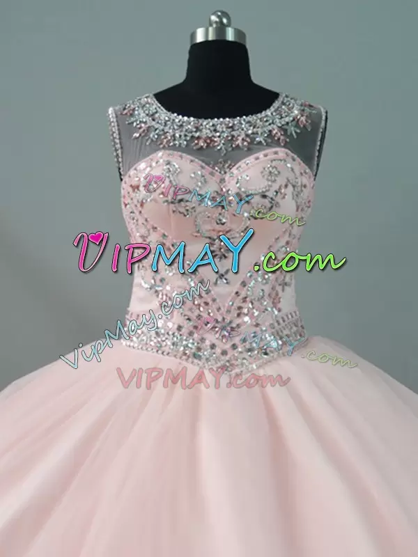 Custom Designed Plus Size Ball Gowns Vestidos de Quinceanera Peach Scoop See Through Neck Sleeveless Zipper Back