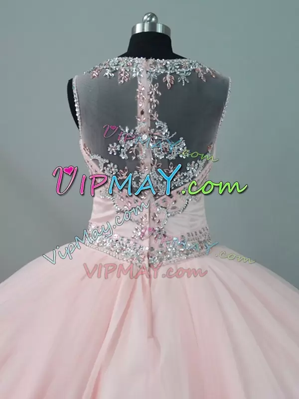 Custom Designed Plus Size Ball Gowns Vestidos de Quinceanera Peach Scoop See Through Neck Sleeveless Zipper Back