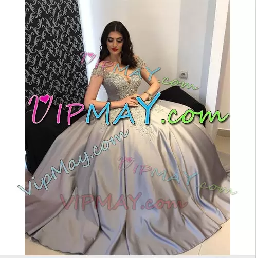 Silver Grey Satin Quinceanera Dress with Short Train