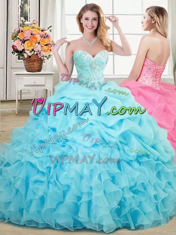 Aqua Blue Organza Lace Up Sweetheart Sleeveless Floor Length Quinceanera Dresses Beading and Ruffles and Pick Ups