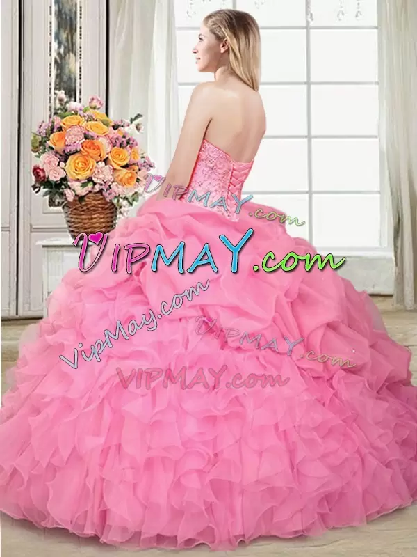 Aqua Blue Organza Lace Up Sweetheart Sleeveless Floor Length Quinceanera Dresses Beading and Ruffles and Pick Ups