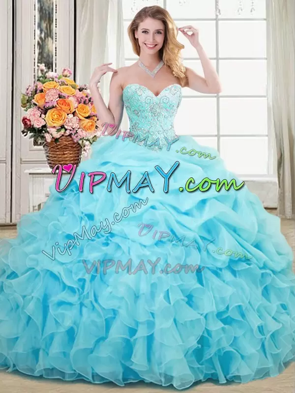 Aqua Blue Organza Lace Up Sweetheart Sleeveless Floor Length Quinceanera Dresses Beading and Ruffles and Pick Ups