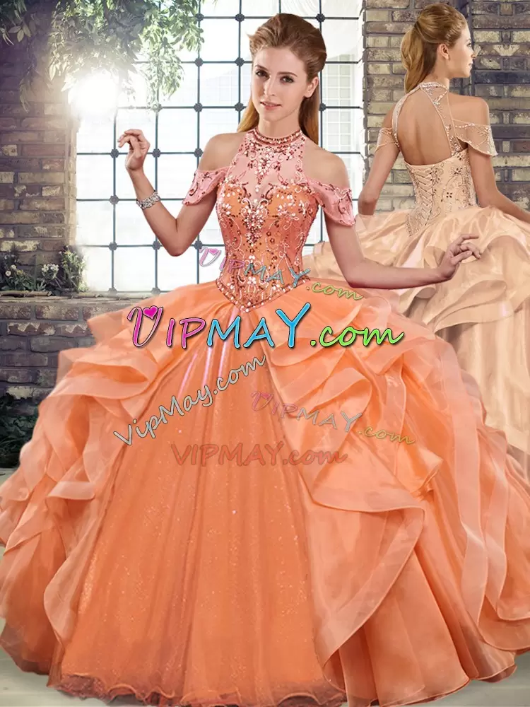 Traditional Orange Lace Up Halter Top Beading and Ruffles 15th Birthday Dress Organza Sleeveless