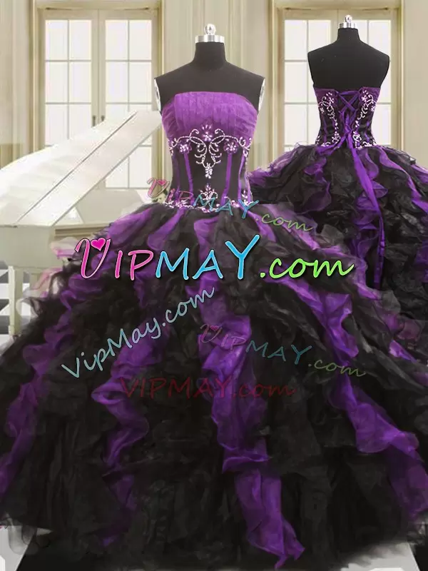 Edgy Organza Sleeveless Floor Length Quinceanera Dresses and Beading and Ruffles