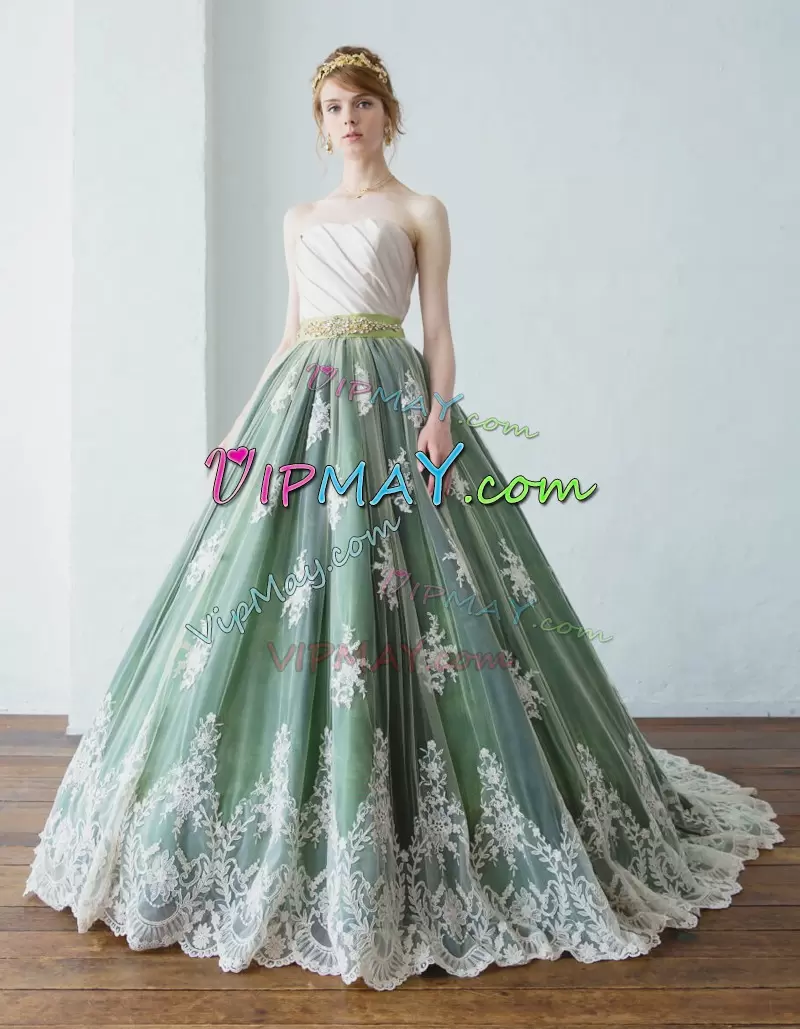 Strapless Sleeveless Lace Up Quinceanera Dress Green Tulle Beading and Lace and Appliques