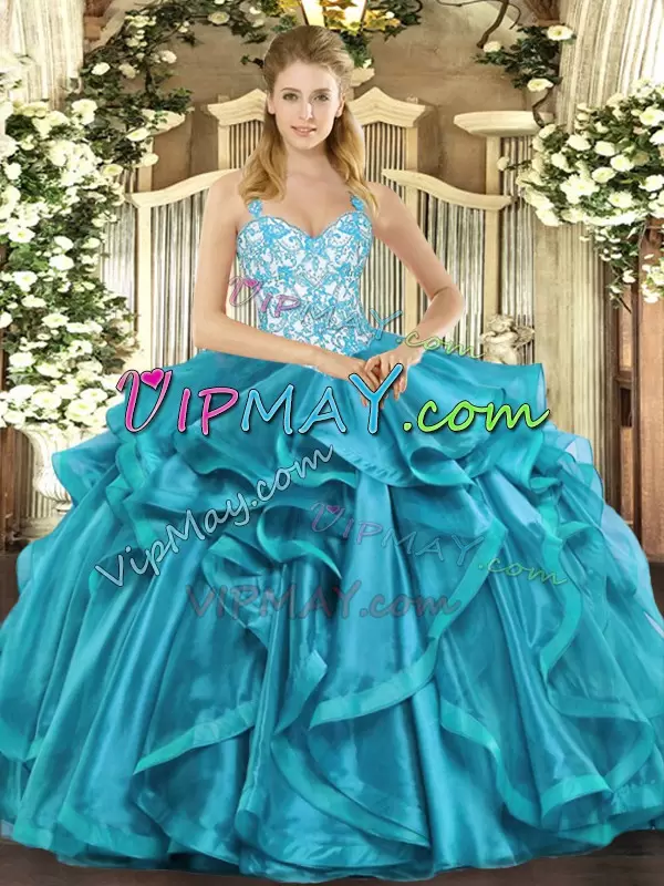 Teal Sleeveless Beading and Appliques and Ruffles Floor Length Quinceanera Gown