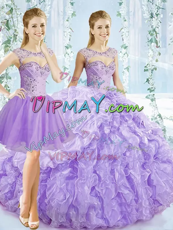 Elegant Lavender Sweet 16 Quinceanera Dress Organza Brush Train Sleeveless Beading and Ruching and Pick Ups