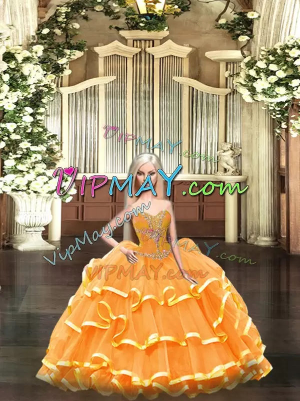 Sleeveless Tulle Floor Length Lace Up Quince Ball Gowns in Orange Red with Beading and Ruffled Layers