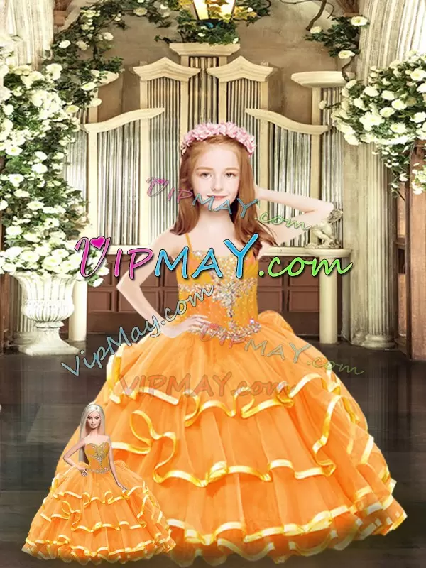 Sleeveless Tulle Floor Length Lace Up Quince Ball Gowns in Orange Red with Beading and Ruffled Layers