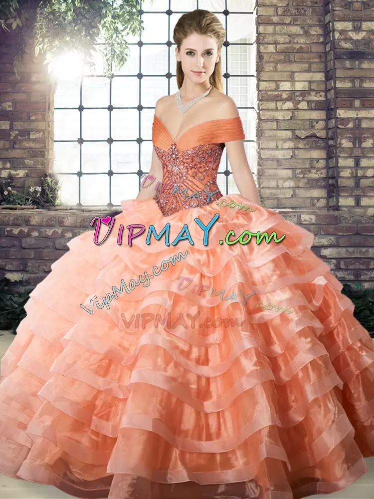 Vintage Sleeveless Off The Shoulder Brush Train Beading and Ruffled Layers Lace Up Quinceanera Gown