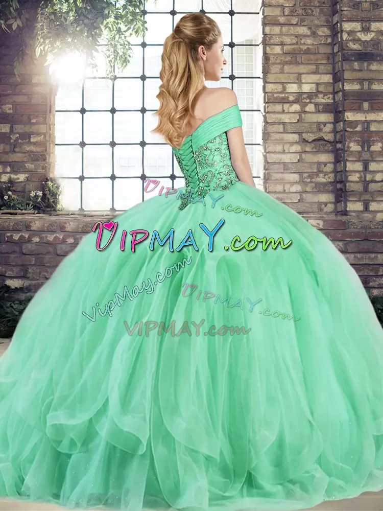 Apple Green Lace Up Off The Shoulder Beading and Ruffles Quinceanera Gowns Tulle Sleeveless