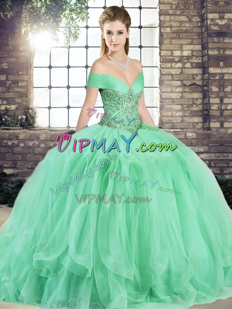 Apple Green Lace Up Off The Shoulder Beading and Ruffles Quinceanera Gowns Tulle Sleeveless