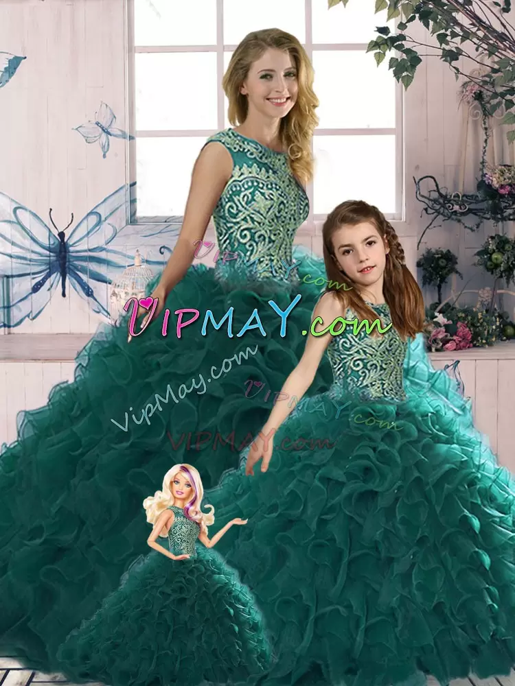 Sleeveless Organza Floor Length Lace Up 15th Birthday Dress in Peacock Green with Beading and Ruffles