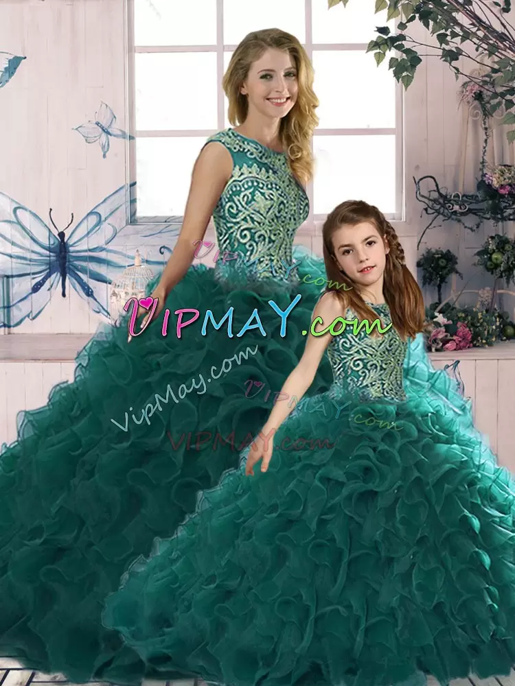 Sleeveless Organza Floor Length Lace Up 15th Birthday Dress in Peacock Green with Beading and Ruffles