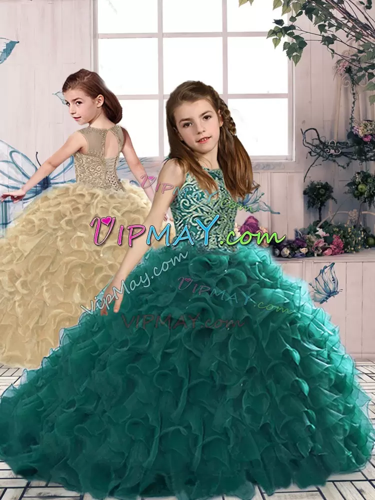 Sleeveless Organza Floor Length Lace Up 15th Birthday Dress in Peacock Green with Beading and Ruffles