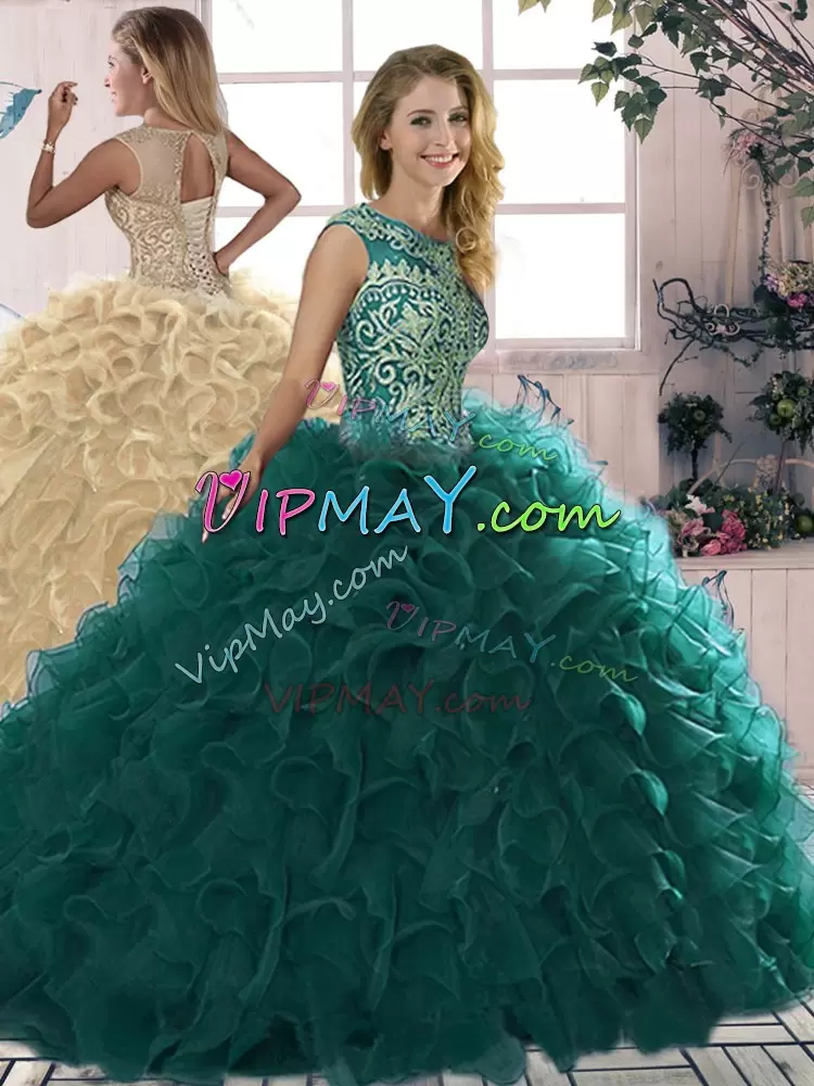 Sleeveless Organza Floor Length Lace Up 15th Birthday Dress in Peacock Green with Beading and Ruffles