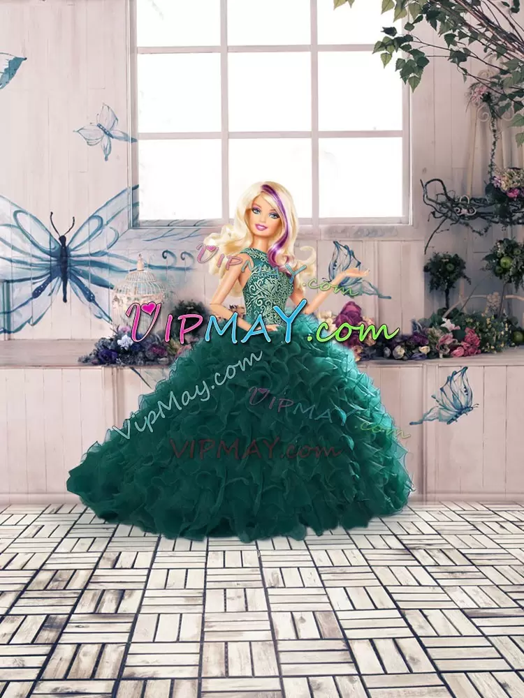 Sleeveless Organza Floor Length Lace Up 15th Birthday Dress in Peacock Green with Beading and Ruffles