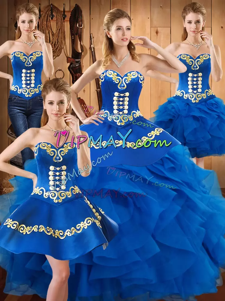 Ball Gowns Sweet 16 Dress Blue Sweetheart Satin and Organza Sleeveless Floor Length Lace Up