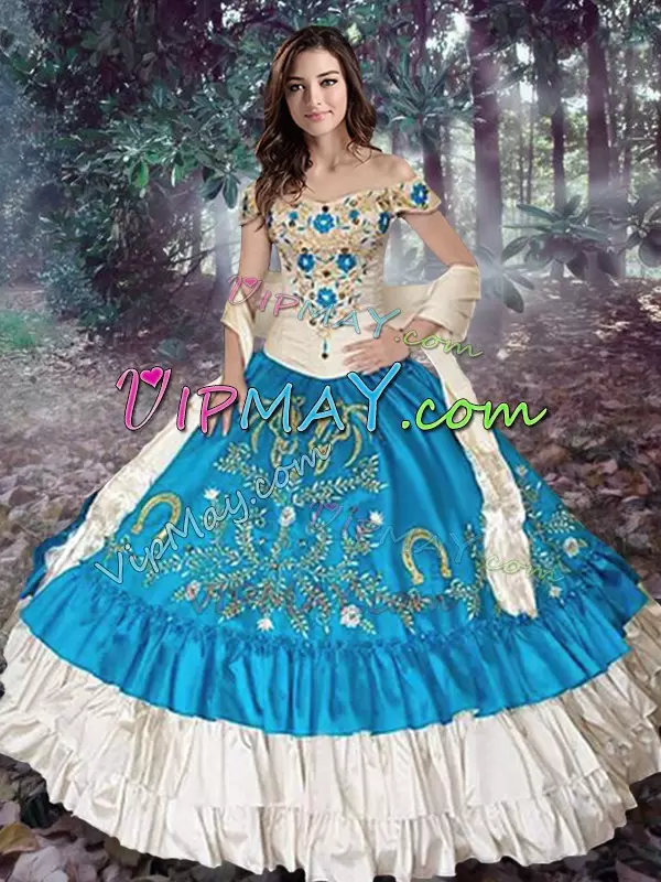 Vintage Teal Taffeta Lace Up Off The Shoulder Cap Sleeves Sweet 16 Quinceanera Dress Embroidery and Ruffled Layers