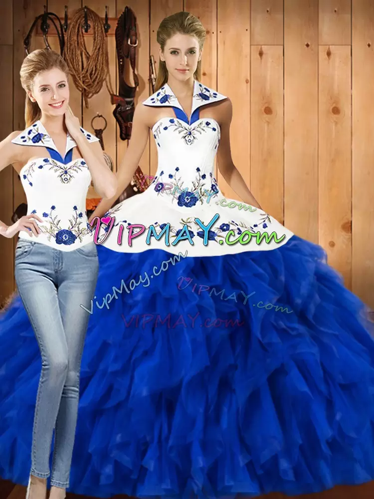 Glamorous Sleeveless Halter Top Embroidery and Ruffles Lace Up Sweet 16 Quinceanera Dress