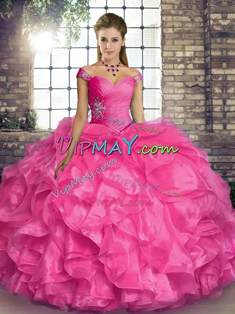 Low Price Sleeveless Off The Shoulder Beading and Ruffles Lace Up Quinceanera Gowns