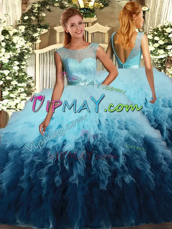 High Class Multi-color Ball Gowns Scoop Sleeveless Tulle Floor Length Backless Beading and Ruffles Quinceanera Dresses