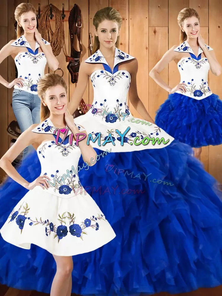 Sleeveless Halter Top Embroidery and Ruffles Lace Up Quinceanera Gowns