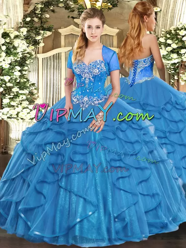 Designer Baby Blue Sleeveless Beading and Ruffles Floor Length Sweet 16 Dress