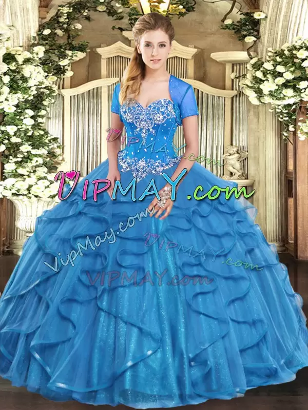 Designer Baby Blue Sleeveless Beading and Ruffles Floor Length Sweet 16 Dress