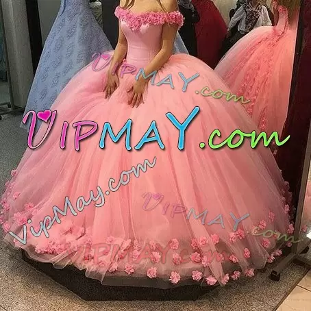 Pink Off Shoulder Hand Made 3D Flower Quinceanera Gown Sleeveless Lace Up