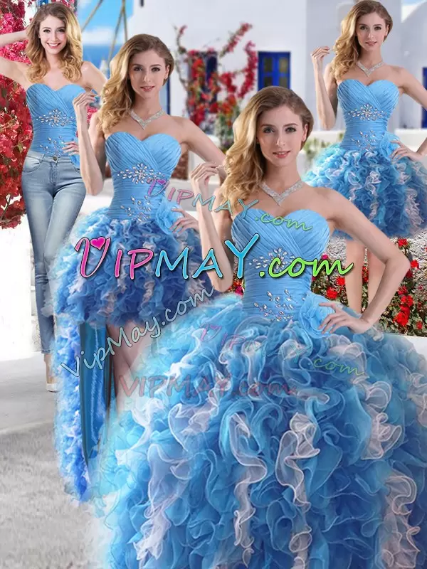 Blue And White Ball Gowns Beading Sweet 16 Dresses Lace Up Organza Sleeveless Floor Length