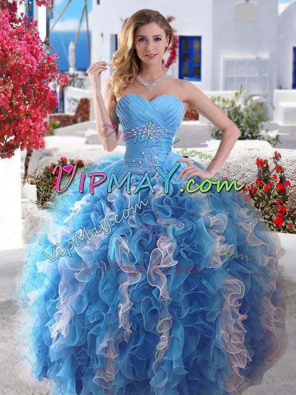 Blue And White Ball Gowns Beading Sweet 16 Dresses Lace Up Organza Sleeveless Floor Length