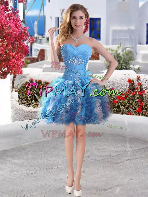 Blue And White Ball Gowns Beading Sweet 16 Dresses Lace Up Organza Sleeveless Floor Length