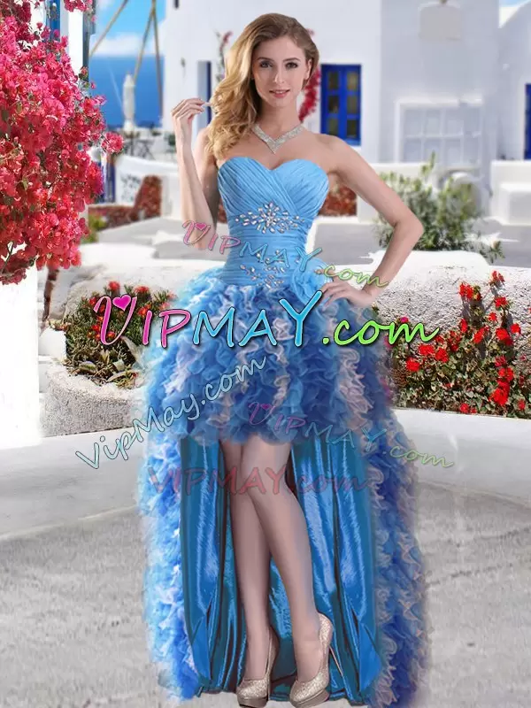 Blue And White Ball Gowns Beading Sweet 16 Dresses Lace Up Organza Sleeveless Floor Length