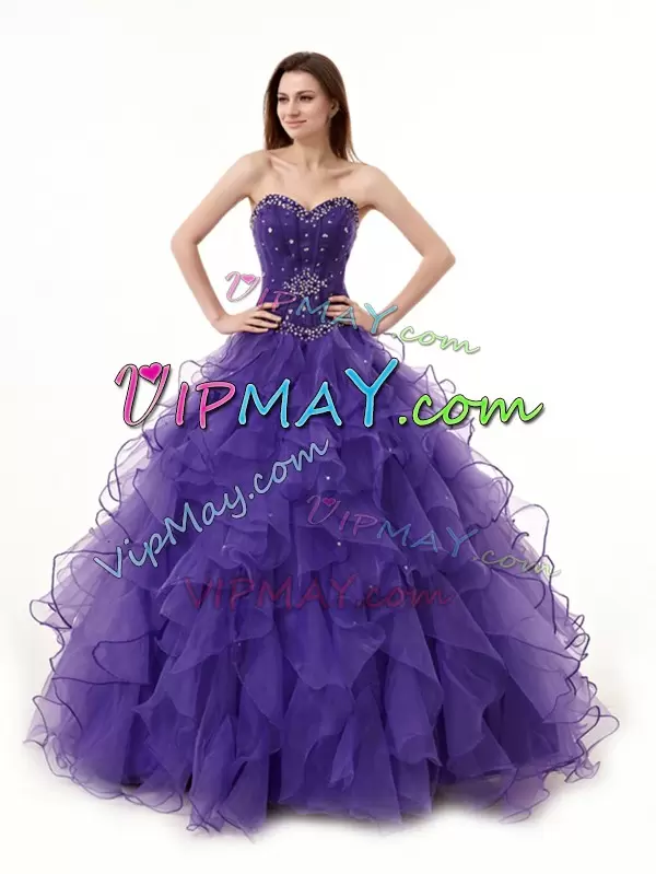 Sleeveless Organza Floor Length Lace Up Sweet 16 Dresses in Purple with Beading and Ruffles