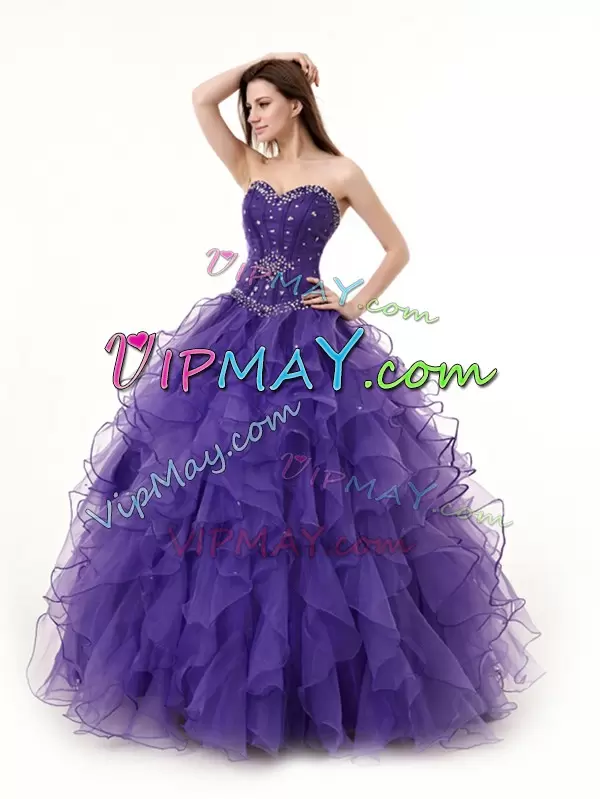 Sleeveless Organza Floor Length Lace Up Sweet 16 Dresses in Purple with Beading and Ruffles