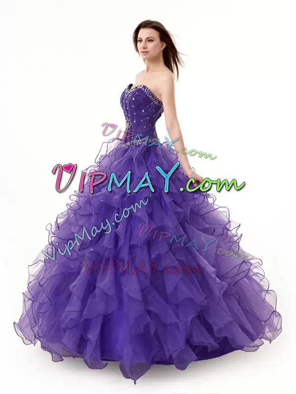 Sleeveless Organza Floor Length Lace Up Sweet 16 Dresses in Purple with Beading and Ruffles