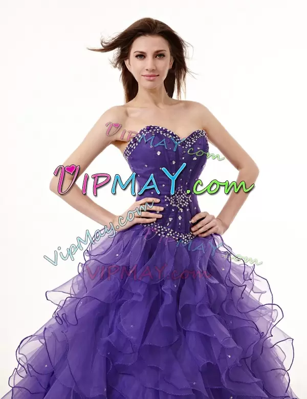 Sleeveless Organza Floor Length Lace Up Sweet 16 Dresses in Purple with Beading and Ruffles