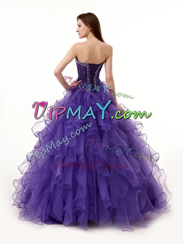 Sleeveless Organza Floor Length Lace Up Sweet 16 Dresses in Purple with Beading and Ruffles