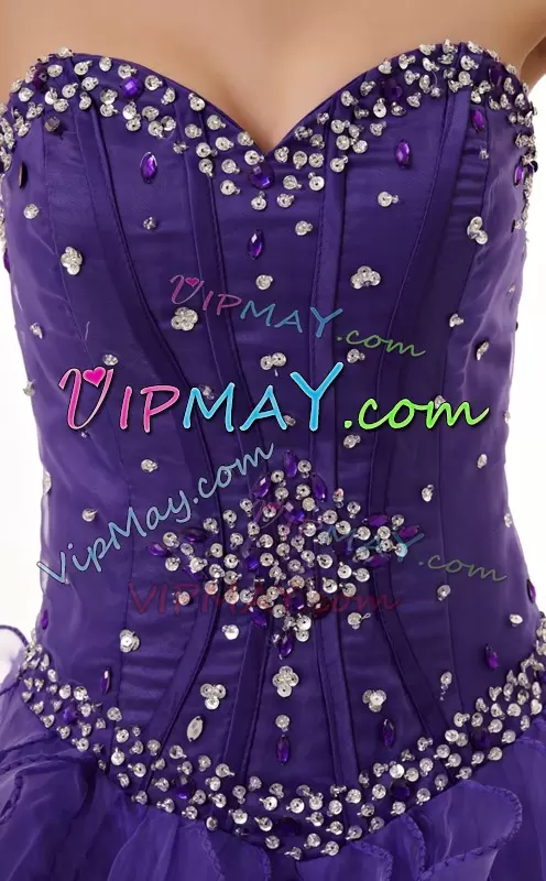 Sleeveless Organza Floor Length Lace Up Sweet 16 Dresses in Purple with Beading and Ruffles