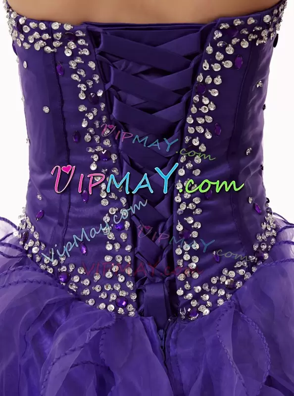 Sleeveless Organza Floor Length Lace Up Sweet 16 Dresses in Purple with Beading and Ruffles