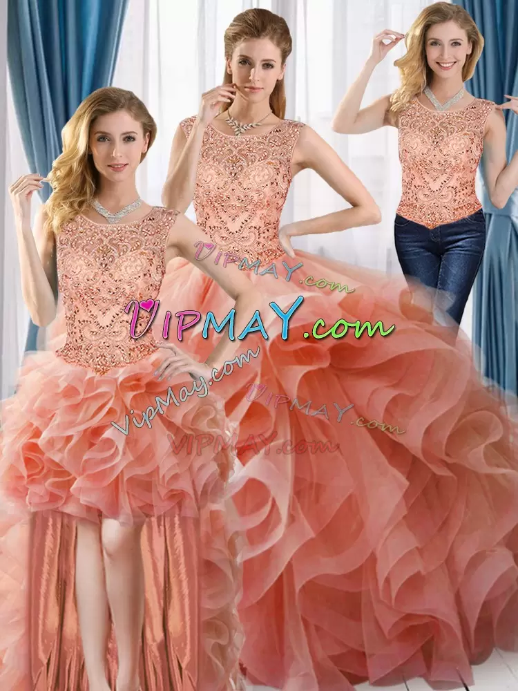 Dramatic Scoop Sleeveless Sweet 16 Dress Peach Tulle Beading