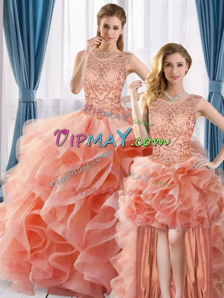 Dramatic Scoop Sleeveless Sweet 16 Dress Peach Tulle Beading