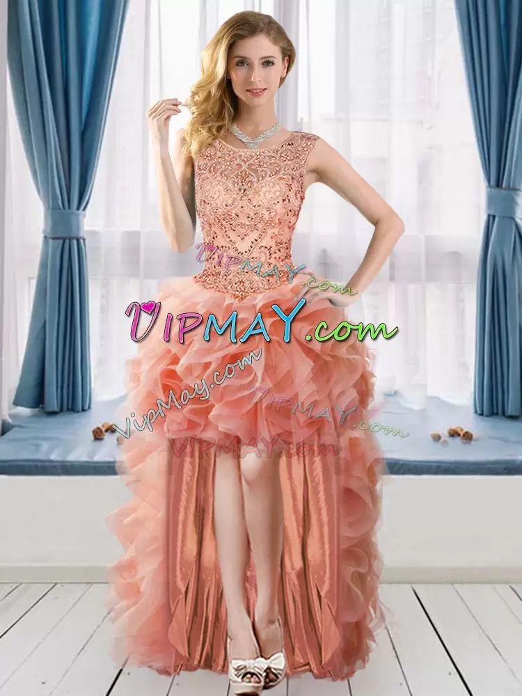 Dramatic Scoop Sleeveless Sweet 16 Dress Peach Tulle Beading