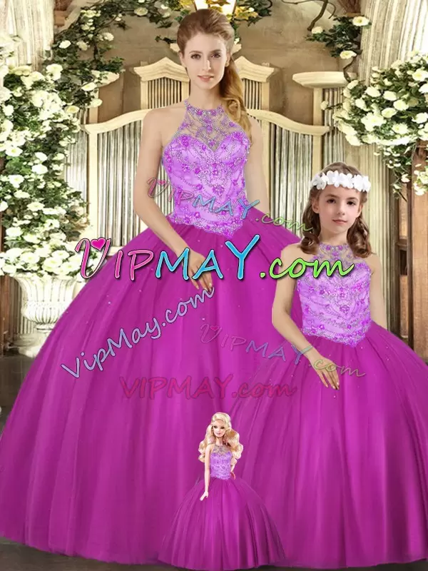 Free and Easy Floor Length Fuchsia Quinceanera Gown Tulle Sleeveless Beading