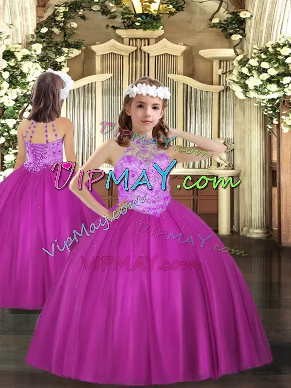 Free and Easy Floor Length Fuchsia Quinceanera Gown Tulle Sleeveless Beading